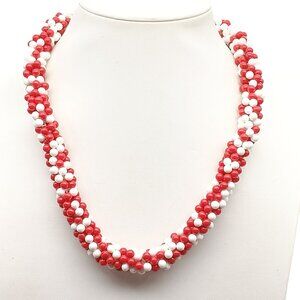 Vintage Red White Beaded Cluster Necklace Chunky Retro Jewelry